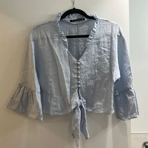 Zara light blue linen tied crop top
